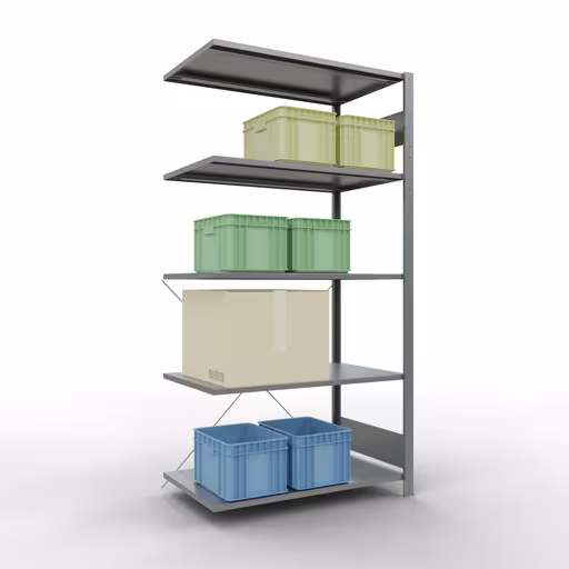 Abbildung Nr 9 des Artikels Anbauregal, Fachbodenregal Stecksystem MULTIplus150, 2000 x 1000 x 600 mm (HxBxT), 5 Fachböden, Kreuzstrebe, verzinkt aus der Produktgruppe Stecksystem von der Marke Schulte Lagertechnik