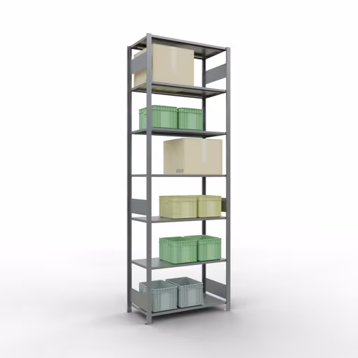 Andere Ansicht des Artikels Grundregal, Fachbodenregal Stecksystem MULTIplus150, 3000 x 1000 x 500 mm (HxBxT), 7 Fachböden, Längenriegel, verzinkt aus der Kategorie Grundregal