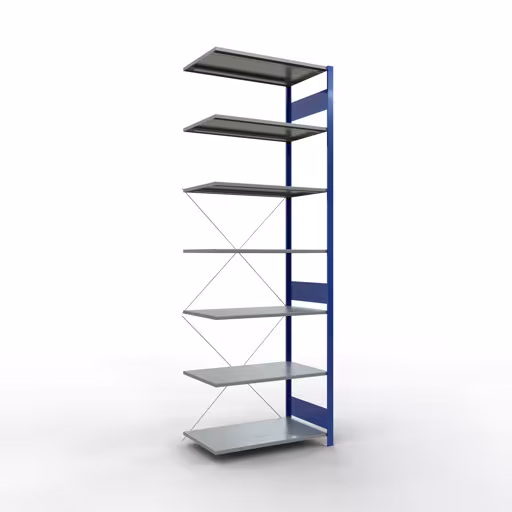Anbauregal, Fachbodenregal Stecksystem MULTIplus85, 3000 x 1000 x 600 mm (HxBxT), 7 Fachböden, Kreuzstrebe, RAL 5010 enzianblau aus der Kategorie Anbauregal mit der Artikelnummer 13167-B