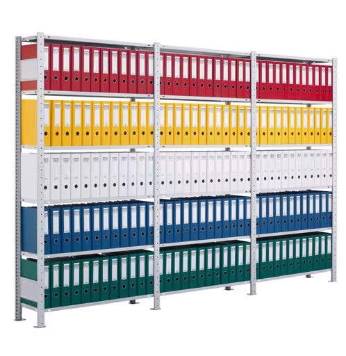 Andere Ansicht des Artikels Grundregal, Büro-Fachbodenregal Stecksystem MULTIplus85, 2000 x 1300 x 300 mm (HxBxT), 6 Fachböden, Kreuzstrebe, verzinkt, mit Anschlagleiste aus der Kategorie Büroregale