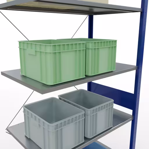 Abbildung Nr 11 des Artikels Anbauregal, Fachbodenregal Stecksystem MULTIplus85, 3000 x 1000 x 600 mm (HxBxT), 7 Fachböden, Kreuzstrebe, RAL 5010 enzianblau aus der Produktgruppe Stecksystem von der Marke Schulte Lagertechnik