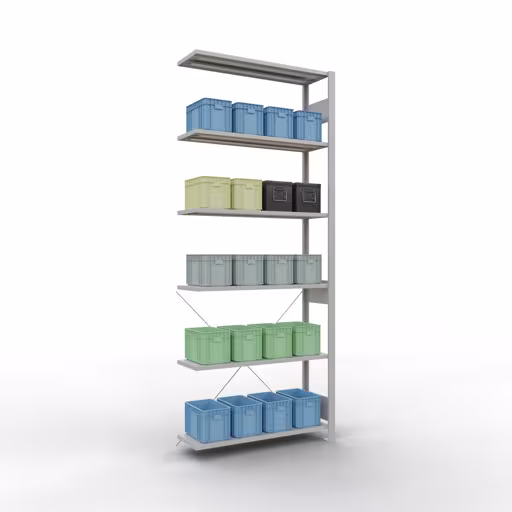 Abbildung Nr 14 des Artikels Anbauregal, Fachbodenregal Stecksystem MULTIplus150, 2500 x 1000 x 300 mm (HxBxT), 6 Fachböden, Kreuzstrebe, RAL 7035 lichtgrau aus der Produktgruppe Stecksystem von der Marke Schulte Lagertechnik