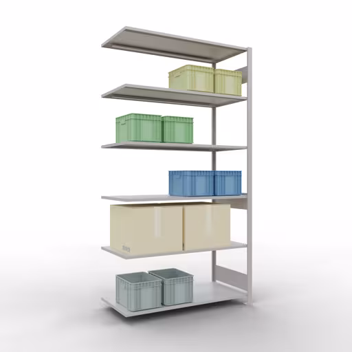 Andere Ansicht des Artikels Anbauregal, Fachbodenregal Stecksystem MULTIplus150, 2500 x 1300 x 600 mm (HxBxT), 6 Fachböden, Längenriegel, RAL 7035 lichtgrau aus der Kategorie Anbauregal