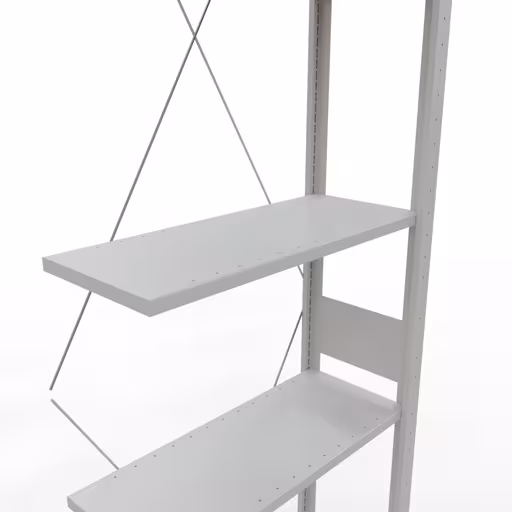 Andere Ansicht des Artikels Anbauregal, Fachbodenregal Stecksystem MULTIplus150, 3000 x 750 x 300 mm (HxBxT), 7 Fachböden, Kreuzstrebe, RAL 7035 lichtgrau aus der Kategorie Stecksystem