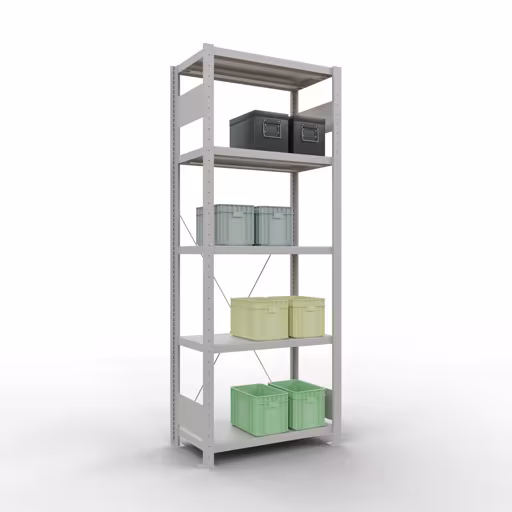 Abbildung Nr 14 des Artikels Grundregal, Fachbodenregal Stecksystem MULTIplus250, 2000 x 750 x 400 mm (HxBxT), 5 Fachböden, Kreuzstrebe, RAL 7035 lichtgrau aus der Produktgruppe Stecksystem von der Marke Schulte Lagertechnik