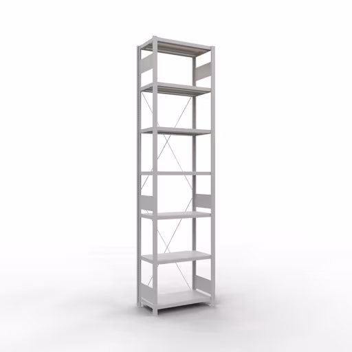 Grundregal, Fachbodenregal Stecksystem MULTIplus250, 3000 x 750 x 400 mm (HxBxT), 7 Fachböden, Kreuzstrebe, RAL 7035 lichtgrau aus der Kategorie Grundregal mit der Artikelnummer 32842-75