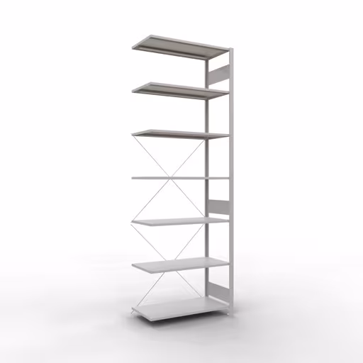 Anbauregal, Fachbodenregal Stecksystem MULTIplus150, 3000 x 1000 x 500 mm (HxBxT), 7 Fachböden, Kreuzstrebe, RAL 7035 lichtgrau aus der Kategorie Anbauregal mit der Artikelnummer 32657