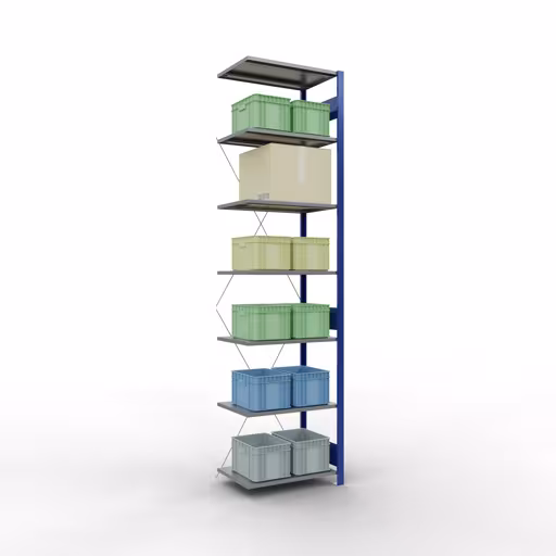 Produktbild Nr.11 des Artikels Anbauregal, Fachbodenregal Stecksystem MULTIplus150, 3000 x 750 x 500 mm (HxBxT), 7 Fachböden, Kreuzstrebe, RAL 5010 enzianblau/verzinkt/verzinkt aus der Produktreihe Stecksystem von der Marke Schulte Lagertechnik