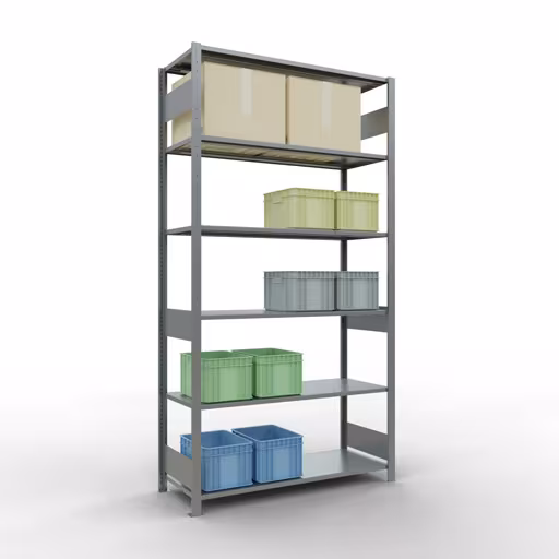 Andere Ansicht des Artikels Grundregal, Fachbodenregal Stecksystem MULTIplus150, 2500 x 1300 x 500 mm (HxBxT), 6 Fachböden, Längenriegel, verzinkt aus der Kategorie Grundregal
