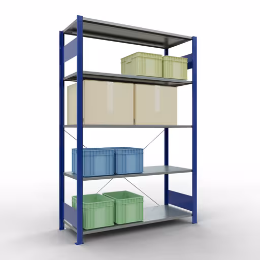 Produktbild Nr.6 des Artikels Grundregal, Fachbodenregal Stecksystem MULTIplus150, 2000 x 1300 x 500 mm (HxBxT), 5 Fachböden, Kreuzstrebe, RAL 5010 enzianblau/verzinkt aus der Produktreihe Stecksystem von der Marke Schulte Lagertechnik