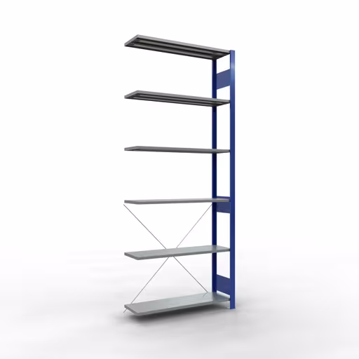 Anbauregal, Fachbodenregal Stecksystem MULTIplus150, 2500 x 1000 x 300 mm (HxBxT), 6 Fachböden, Kreuzstrebe, RAL 5010/verzinkt aus der Kategorie Anbauregal mit der Artikelnummer 12636-B