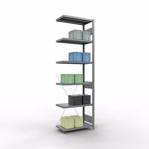 Anbauregal, Fachbodenregal Stecksystem MULTIplus250, 2500 x 750 x 400 mm (HxBxT), 6 Fachböden, Kreuzstrebe, verzinkt von Schulte Lagertechnik mit der Artikelnr. 12946-75