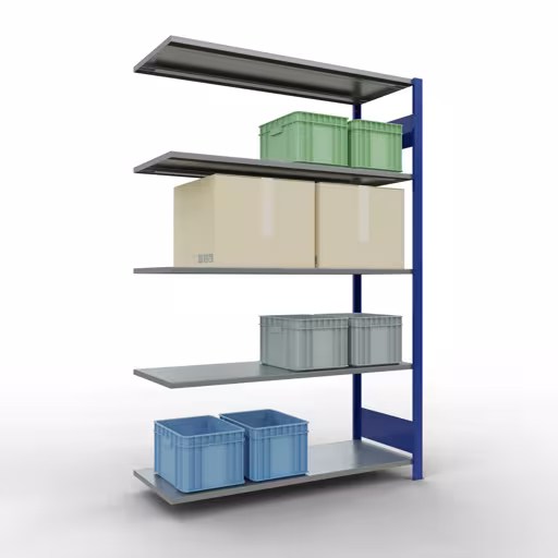 Produktbild Nr.12 des Artikels Anbauregal, Fachbodenregal Stecksystem MULTIplus150, 2000 x 1300 x 500 mm (HxBxT), 5 Fachböden, Längenriegel, RAL 5010 enzianblau/verzinkt aus der Produktreihe Stecksystem von der Marke Schulte Lagertechnik
