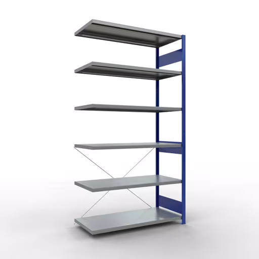 Anbauregal, Fachbodenregal Stecksystem MULTIplus250, 2500 x 1300 x 600 mm (HxBxT), 6 Fachböden, Kreuzstrebe, RAL 5010 enzianblau/verzinkt aus der Kategorie Anbauregal mit der Artikelnummer 12966-130-B