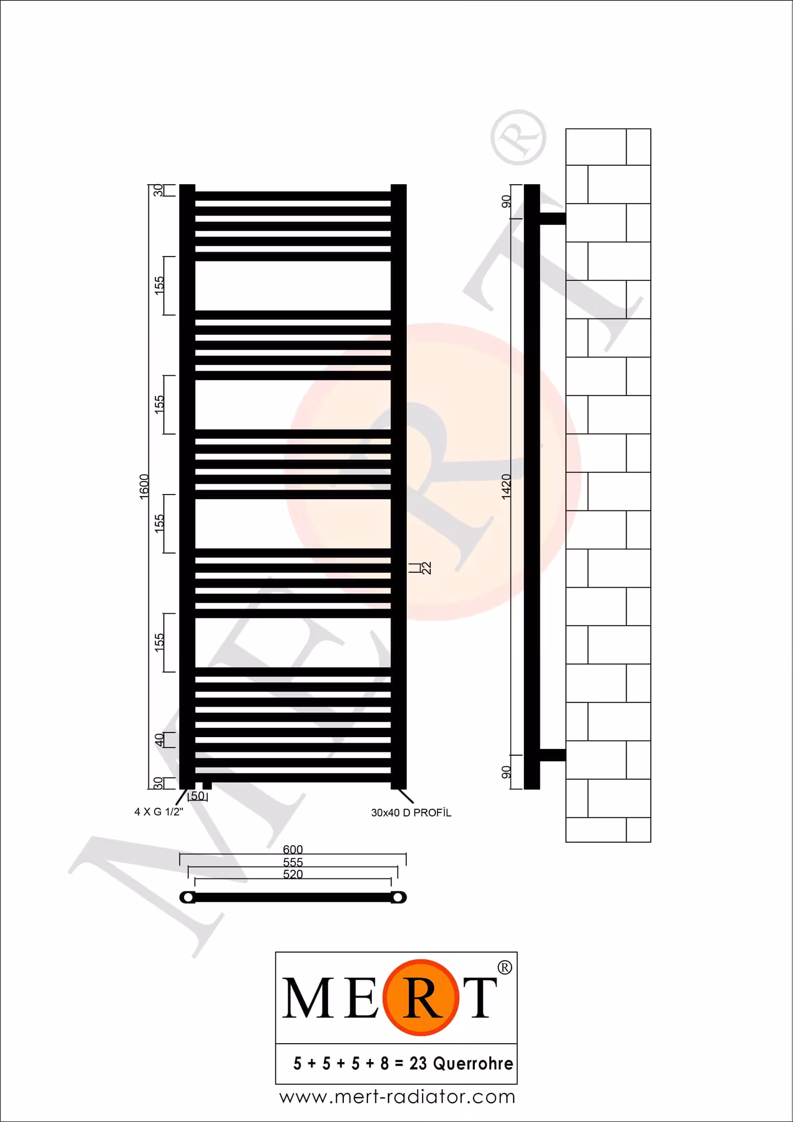 MERT Austausch Badheizkörper weiß gerade, 600*1600 mm, versetzer Mittelanschluss links oder rechts unten von MERT mit der Artikelnr. 1-60x160-AU-50