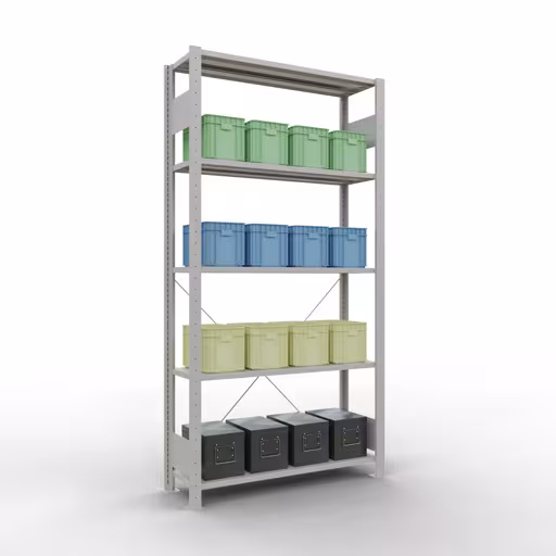 Grundregal, Fachbodenregal Stecksystem MULTIplus150, 2000 x 1000 x 300 mm (HxBxT), 5 Fachböden, Kreuzstrebe, RAL 7035 lichtgrau von der Marke Schulte Lagertechnik aus der Produktreihe Stecksystem