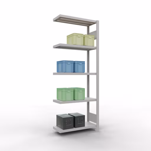 Anbauregal, Fachbodenregal Stecksystem MULTIplus250, 2000 x 750 x 300 mm (HxBxT), 5 Fachböden, Längenriegel, RAL 7035 lichtgrau aus der Kategorie Anbauregal mit der GTIN 4004514294340 Anbauregal, Fachbodenregal Stecksystem MULTIplus250, 2000 x 750 x 300 mm (HxBxT), 5 Fachböden, Längenriegel, RAL 7035 lichtgrau von der Marke Schulte Lagertechnik aus der Produktreihe Stecksystem