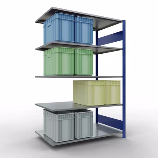 Zusatzbild des Artikels Anbauregal, Fachbodenregal Stecksystem MULTIplus150, 2000 x 1300 x 800 mm (HxBxT), 5 Fachböden, Längenriegel, RAL 5010 enzianblau/verzinkt aus Anbauregal