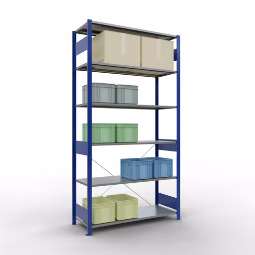 Andere Ansicht des Artikels Grundregal, Fachbodenregal Stecksystem MULTIplus150, 2500 x 1300 x 500 mm (HxBxT), 6 Fachböden, Kreuzstrebe, RAL 5010 enzianblau/verzinkt aus der Kategorie Stecksystem