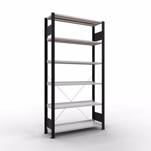 Grundregal, Büro-Fachbodenregal Stecksystem MULTIplus85, 2000 x 1000 x 300 mm (HxBxT), 6 Fachböden, Kreuzstrebe, mit Anschlagleiste, schwarz/lichtgrau von der Marke Schulte Lagertechnik Grundregal, Büro-Fachbodenregal Stecksystem MULTIplus85, 2000 x 1000 x 300 mm (HxBxT), 6 Fachböden, Kreuzstrebe, mit Anschlagleiste, schwarz/lichtgrau aus der Kategorie Stecksystem mit der Artikelnummer 36007-S