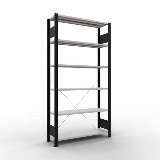 Grundregal, Büro-Fachbodenregal Stecksystem MULTIplus85, 2000 x 1000 x 300 mm (HxBxT), 6 Fachböden, Kreuzstrebe, ohne Anschlagleiste, schwarz/lichtgrau von der Marke Schulte Lagertechnik Grundregal, Büro-Fachbodenregal Stecksystem MULTIplus85, 2000 x 1000 x 300 mm (HxBxT), 6 Fachböden, Kreuzstrebe, ohne Anschlagleiste, schwarz/lichtgrau aus der Kategorie Stecksystem mit der Artikelnummer 36025-S