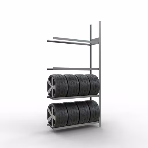 Anbauregal, Räder-/Reifenregal, 2750 x 1300 x 400 mm (HxBxT), verzinkt, 4 Lagerebenen á 150 kg Fachlast pro Ebene von der Marke Schulte Lagertechnik aus der Produktreihe Fachbodenregale