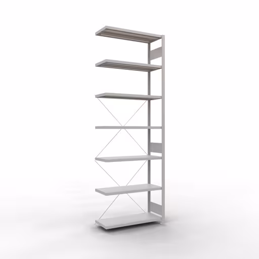 Anbauregal, Fachbodenregal Stecksystem MULTIplus250, 3000 x 1000 x 400 mm (HxBxT), 7 Fachböden, Kreuzstrebe, RAL 7035 lichtgrau aus der Kategorie Anbauregal mit der Artikelnummer 32847