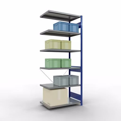Abbildung Nr 12 des Artikels Anbauregal, Fachbodenregal Stecksystem MULTIplus330, 2500 x 1000 x 600 mm (HxBxT), 6 Fachböden, Kreuzstrebe, RAL 5010 enzianblau/verzinkt aus der Produktgruppe Stecksystem von der Marke Schulte Lagertechnik