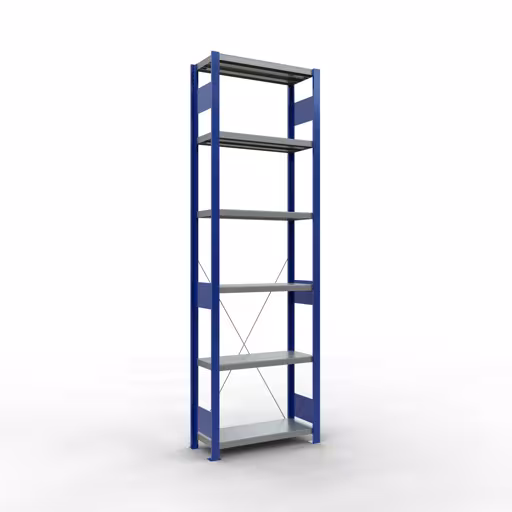 Grundregal, Fachbodenregal Stecksystem MULTIplus250, 2500 x 750 x 300 mm (HxBxT), 6 Fachböden, Kreuzstrebe, RAL 5010 enzianblau/verzinkt/verzinkt aus der Kategorie Grundregal mit der Artikelnummer 12931-75-B