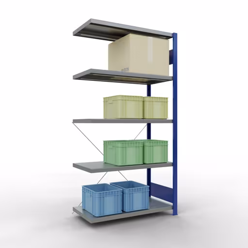 Abbildung Nr 7 des Artikels Anbauregal, Fachbodenregal Stecksystem MULTIplus330, 2000 x 1000 x 500 mm (HxBxT), 5 Fachböden, Kreuzstrebe, RAL 5010 enzianblau/verzinkt aus der Produktgruppe Stecksystem von der Marke Schulte Lagertechnik