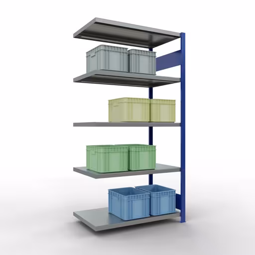 Anbauregal, Fachbodenregal Stecksystem MULTIplus330, 2000 x 1000 x 600 mm (HxBxT), 5 Fachböden, Längenriegel, RAL 5010 enzianblau/verzinkt von Schulte Lagertechnik mit der Artikelnr. 13965-LR-B