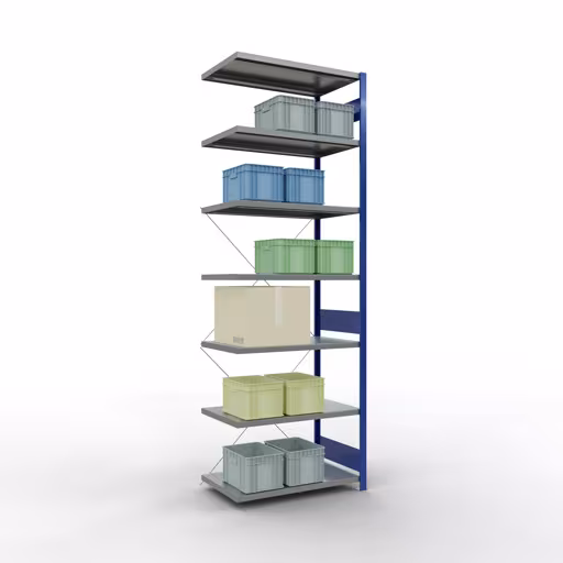 Andere Ansicht des Artikels Anbauregal, Fachbodenregal Stecksystem MULTIplus250, 3000 x 1000 x 600 mm (HxBxT), 7 Fachböden, Kreuzstrebe, RAL 5010 enzianblau/verzinkt aus der Kategorie Stecksystem