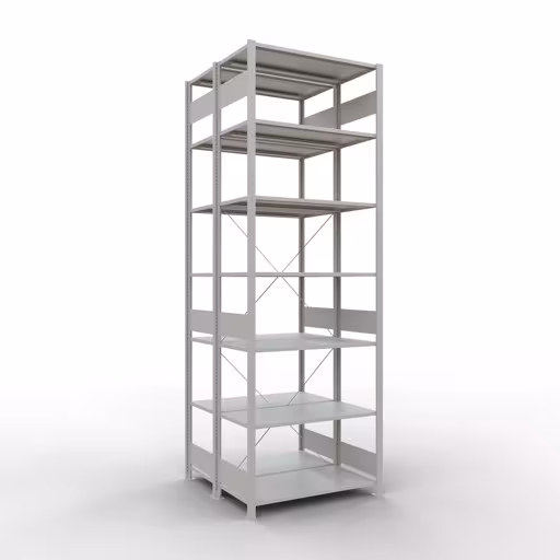 Grundregal, Doppelregal, Fachbodenregal Stecksystem MULTIplus150, 3000 x 1000 x (2x1000) mm (HxBxT), 2x7 Fachböden, Kreuzstrebe, RAL 7035 lichtgrau aus der Kategorie Doppelregale mit der Artikelnummer 32752