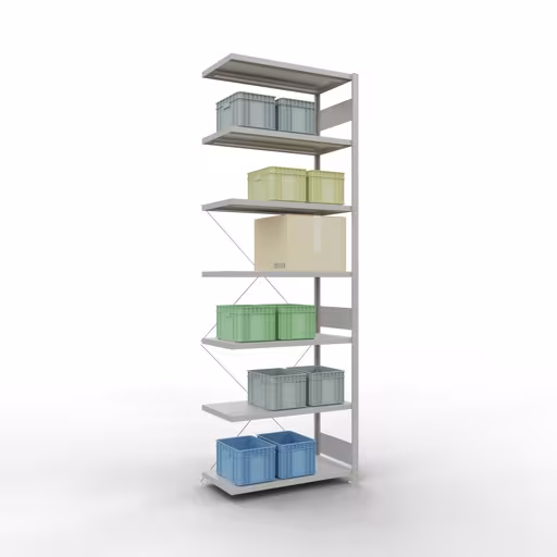 Abbildung Nr 14 des Artikels Anbauregal, Fachbodenregal Stecksystem MULTIplus330, 3000 x 1000 x 500 mm (HxBxT), 7 Fachböden, Kreuzstrebe, RAL 7035 lichtgrau aus der Produktgruppe Stecksystem von der Marke Schulte Lagertechnik