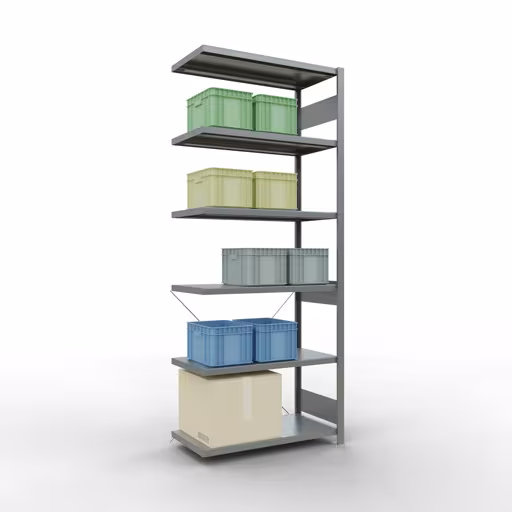 Abbildung Nr 7 des Artikels Anbauregal, Fachbodenregal Stecksystem MULTIplus330, 2500 x 1000 x 500 mm (HxBxT), 6 Fachböden, Kreuzstrebe, verzinkt aus der Produktgruppe Stecksystem von der Marke Schulte Lagertechnik