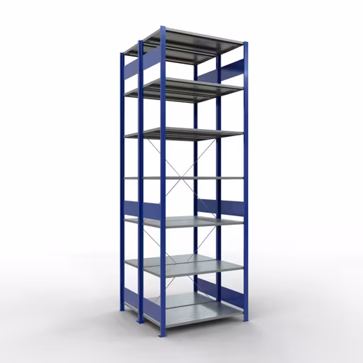 Grundregal, Doppelregal, Fachbodenregal Stecksystem MULTIplus150, 3000 x 1000 x (2x1000) mm (HxBxT), 2x7 Fachböden, Kreuzstrebe, RAL 5010 enzianblau aus der Kategorie Doppelregale mit der Artikelnummer 32752-B
