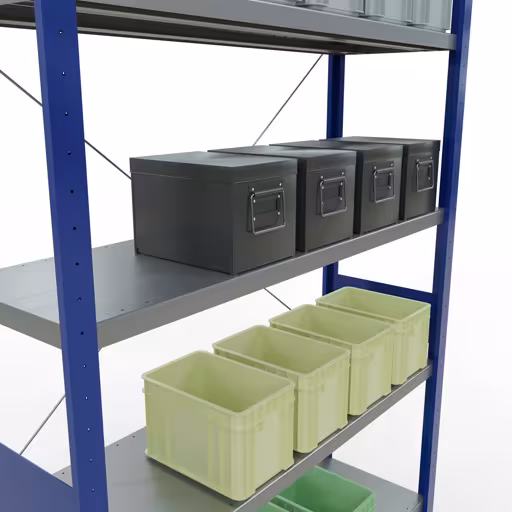 Abbildung Nr 14 des Artikels Grundregal, Fachbodenregal Stecksystem MULTIplus250, 3000 x 1300 x 400 mm (HxBxT), 7 Fachböden, Kreuzstrebe, RAL 5010 enzianblau/verzinkt aus der Produktgruppe Stecksystem von der Marke Schulte Lagertechnik