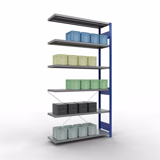 Anbauregal, Fachbodenregal Stecksystem MULTIplus250, 2500 x 1300 x 400 mm (HxBxT), 6 Fachböden, Kreuzstrebe, RAL 5010 enzianblau/verzinkt von Schulte Lagertechnik mit der Artikelnr. 12946-130-B