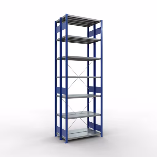 Grundregal, Doppelregal, Fachbodenregal Stecksystem MULTIplus250, 3000 x 1000 x (2x300) mm (HxBxT), 2x7 Fachböden, Kreuzstrebe, enzianblau aus der Kategorie Doppelregale mit der Artikelnummer 32132-G-B