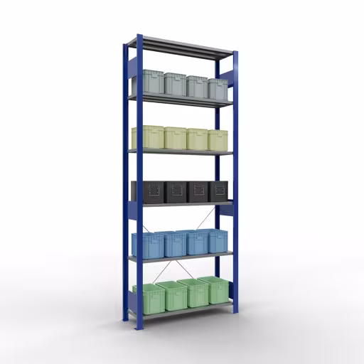 Produktbild Nr 16 des Artikels Grundregal, Fachbodenregal Stecksystem MULTIplus85, 2500 x 1000 x 300 mm (HxBxT), 6 Fachböden, Kreuzstrebe, RAL 5010 enzianblau Abbildung Nr 16 des Artikels Grundregal, Fachbodenregal Stecksystem MULTIplus85, 2500 x 1000 x 300 mm (HxBxT), 6 Fachböden, Kreuzstrebe, RAL 5010 enzianblau aus der Produktgruppe Stecksystem von der Marke Schulte Lagertechnik