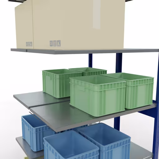Andere Ansicht des Artikels Anbauregal, Doppelregal, Fachbodenregal Stecksystem MULTIplus150, 2500 x 1000 x (2x500) mm (HxBxT), 2x6 Fachböden, Kreuzstrebe, RAL 5010 enzianblau aus der Kategorie Fachbodenregale