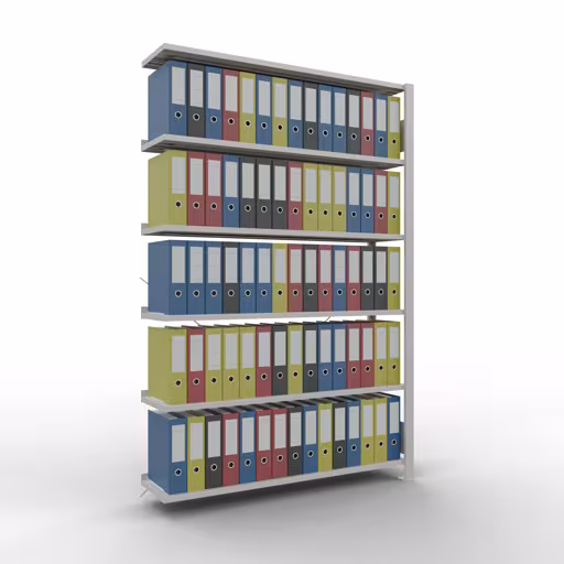 Anbauregal, Büro-Fachbodenregal Stecksystem MULTIplus85, 2000 x 1300 x 300 mm (HxBxT), 6 Fachböden, Kreuzstrebe, mit Anschlagleiste, lichtgrau von Schulte Lagertechnik mit der Artikelnr. 36011