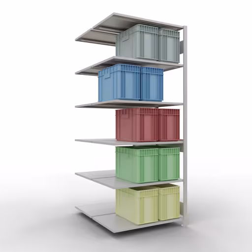 Andere Ansicht des Artikels Anbauregal, Doppelregal, Fachbodenregal Stecksystem MULTIplus150, 2500 x 1000 x (2x600) mm (HxBxT), 2x6 Fachböden, Längenriegel, RAL 7035 lichtgrau aus der Kategorie Fachbodenregale