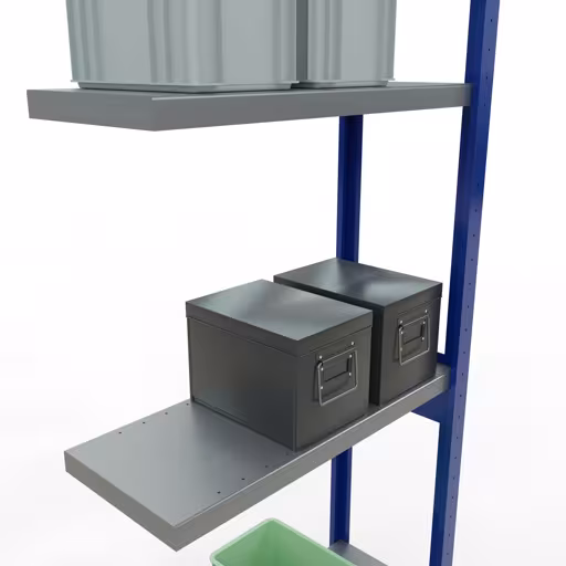 Zusatzbild des Artikels Anbauregal, Fachbodenregal Stecksystem MULTIplus250, 3000 x 750 x 300 mm (HxBxT), 7 Fachböden, Längenriegel, RAL 5010 enzianblau/verzinkt/verzinkt aus Anbauregal