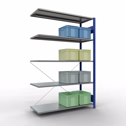 Produktbild Nr.14 des Artikels Anbauregal, Fachbodenregal Stecksystem MULTIplus150, 2000 x 1300 x 500 mm (HxBxT), 5 Fachböden, Kreuzstrebe, RAL 5010 enzianblau/verzinkt aus der Produktreihe Stecksystem von der Marke Schulte Lagertechnik