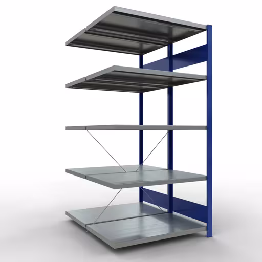 Anbauregal, Doppelregal, Fachbodenregal Stecksystem MULTIplus250, 2000 x 1000 x (2x600) mm (HxBxT), 2x5 Fachböden, Kreuzstrebe, RAL 5010 enzianblau aus der Kategorie Doppelregale mit der Artikelnummer 32165-A-B