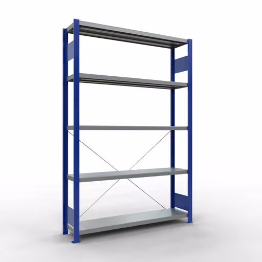Grundregal, Fachbodenregal Stecksystem MULTIplus250, 2000 x 1300 x 300 mm (HxBxT), 5 Fachböden, Kreuzstrebe, RAL 5010 enzianblau/verzinkt aus der Kategorie Grundregal mit der Artikelnummer 12930-130-B