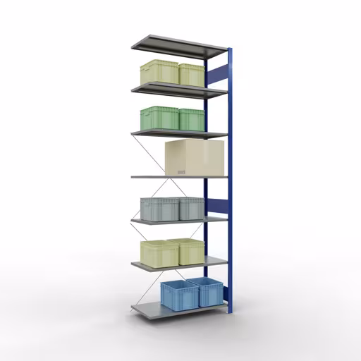 Anbauregal, Fachbodenregal Stecksystem MULTIplus150, 3000 x 1000 x 500 mm (HxBxT), 7 Fachböden, Kreuzstrebe, RAL 5010/verzinkt von der Marke Schulte Lagertechnik aus der Produktreihe Stecksystem
