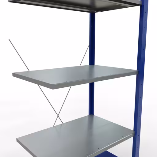 Andere Ansicht des Artikels Anbauregal, Fachbodenregal Stecksystem MULTIplus150, 2000 x 750 x 500 mm (HxBxT), 5 Fachböden, Kreuzstrebe, RAL 5010 enzianblau/verzinkt/verzinkt aus der Kategorie Stecksystem