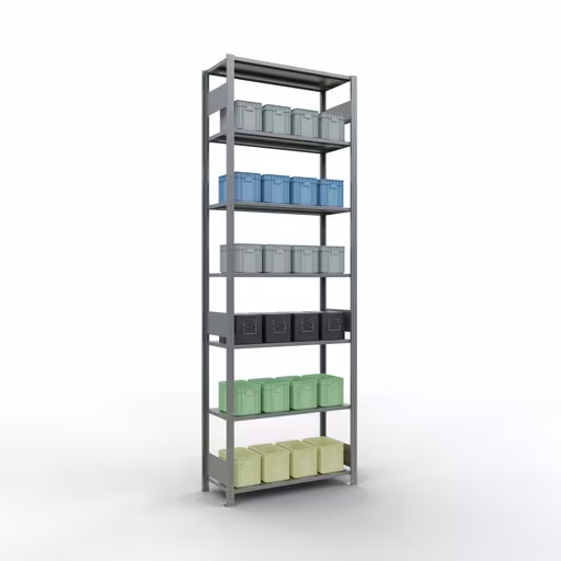 Andere Ansicht des Artikels Grundregal, Fachbodenregal Stecksystem MULTIplus150, 3000 x 1000 x 400 mm (HxBxT), 7 Fachböden, Längenriegel, verzinkt aus der Kategorie Grundregal